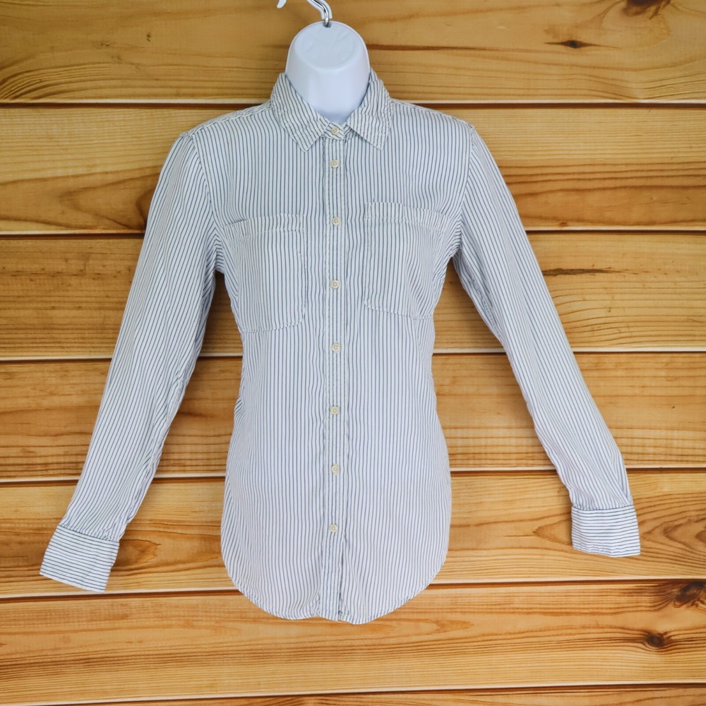 Merona Long Sleeve Button Up Shirt Womens XS White Blue Striped Pockets Collared